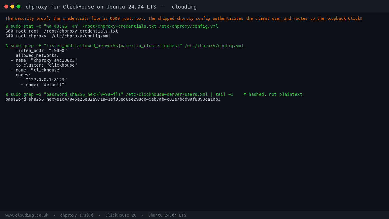 The shipped chproxy configuration: the client facing user with its per instance password, upstream routing to the loopback ClickHouse cluster, and the allowed_networks policy restricting client access to loopback and private ranges