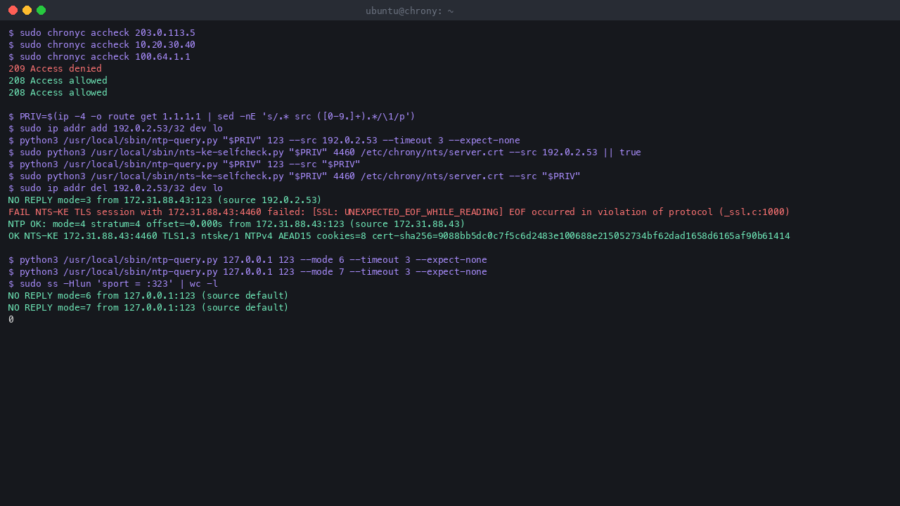 The chrony.conf allow list and disabled command port, chronyc accheck denying a public address, and a probe from the public test address 192.0.2.53 getting no NTP reply and no NTS session while the same requests from the private IP are answered