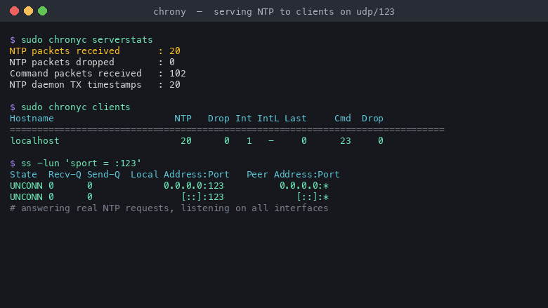 Chrony serving NTP requests to clients on udp/123