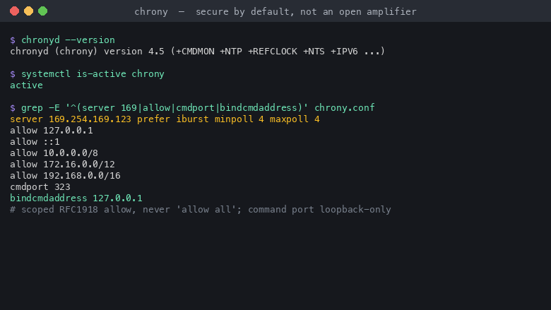 Chrony secure by default: scoped allow list, loopback-only command port