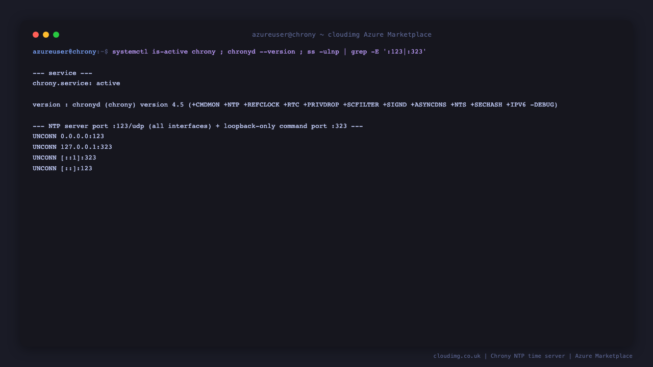 chrony.service reports active, chronyd reports version 4.5 with its feature flags, and ss shows chronyd listening on UDP port 123 on both 0.0.0.0 and the IPv6 wildcard, the NTP server port that answers clients