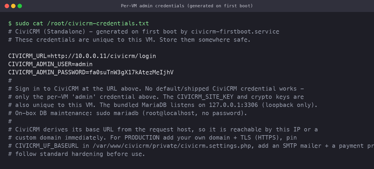 The per VM CiviCRM credentials file, showing the admin login user, the generated password and the console sign in URL