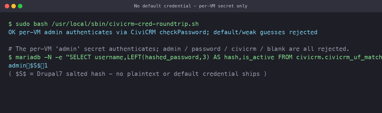 Proof that the per VM admin authenticates through CiviCRM's own password check while default and weak credential guesses are rejected, and that the stored password is a salted hash