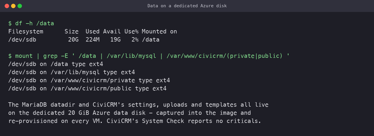 The dedicated 20 GiB Azure data disk carrying the MariaDB datadir and CiviCRM's private and public directories, all mounted from the data disk