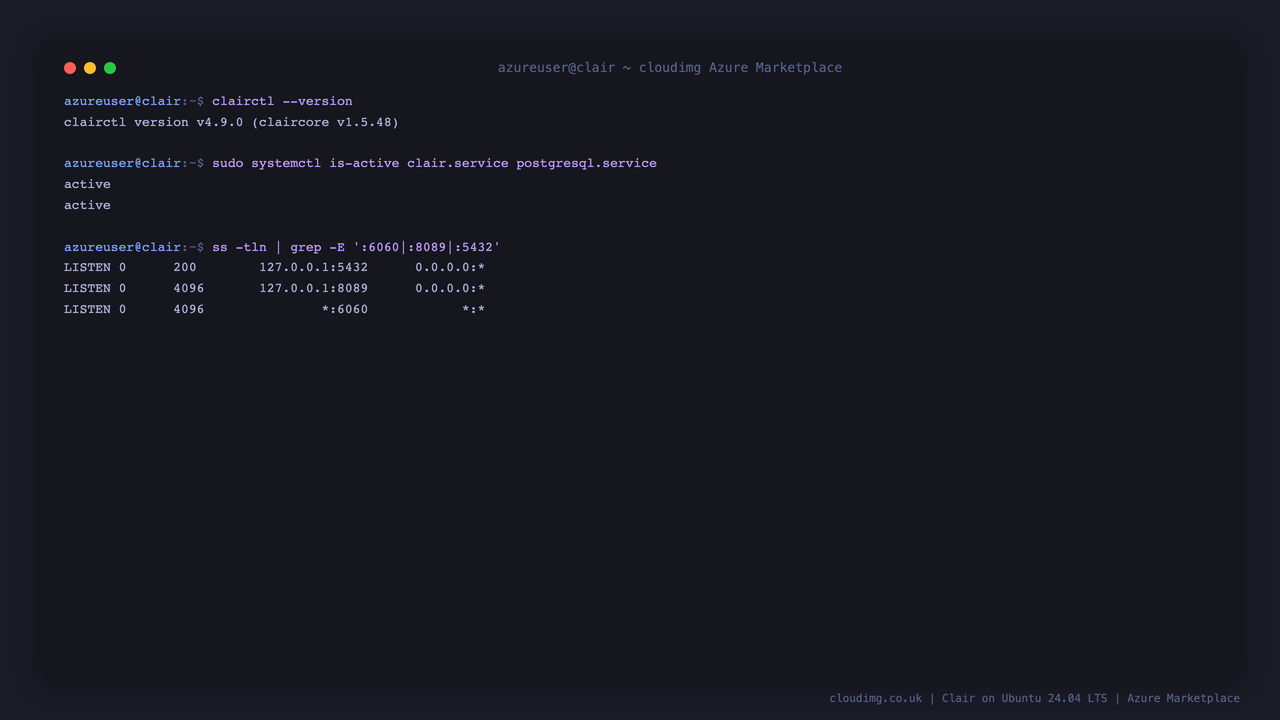 Clair and PostgreSQL services active and listening ports