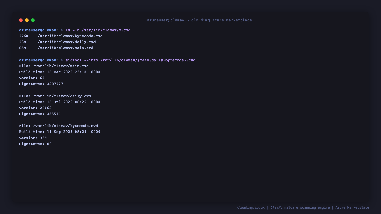 ClamAV signature databases with real signature counts and build times