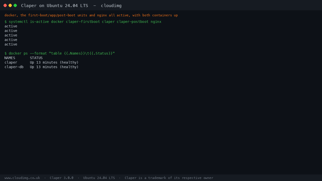 The docker, claper-firstboot, claper, claper-postboot and nginx services all active, and the two compose containers, the Claper release and PostgreSQL 15, up and healthy