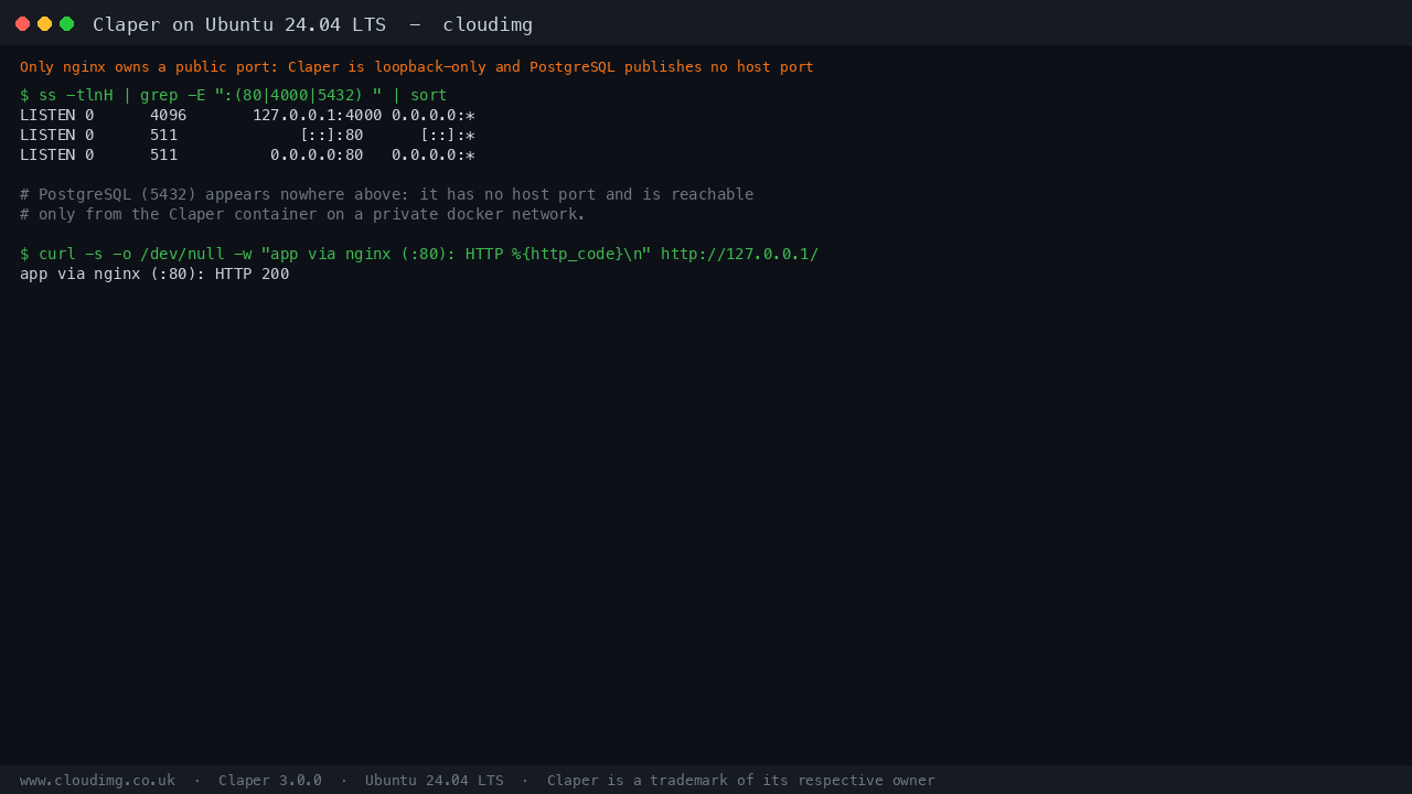 Claper listening on 127.0.0.1:4000 only, nginx listening publicly on port 80, and PostgreSQL publishing no host port at all