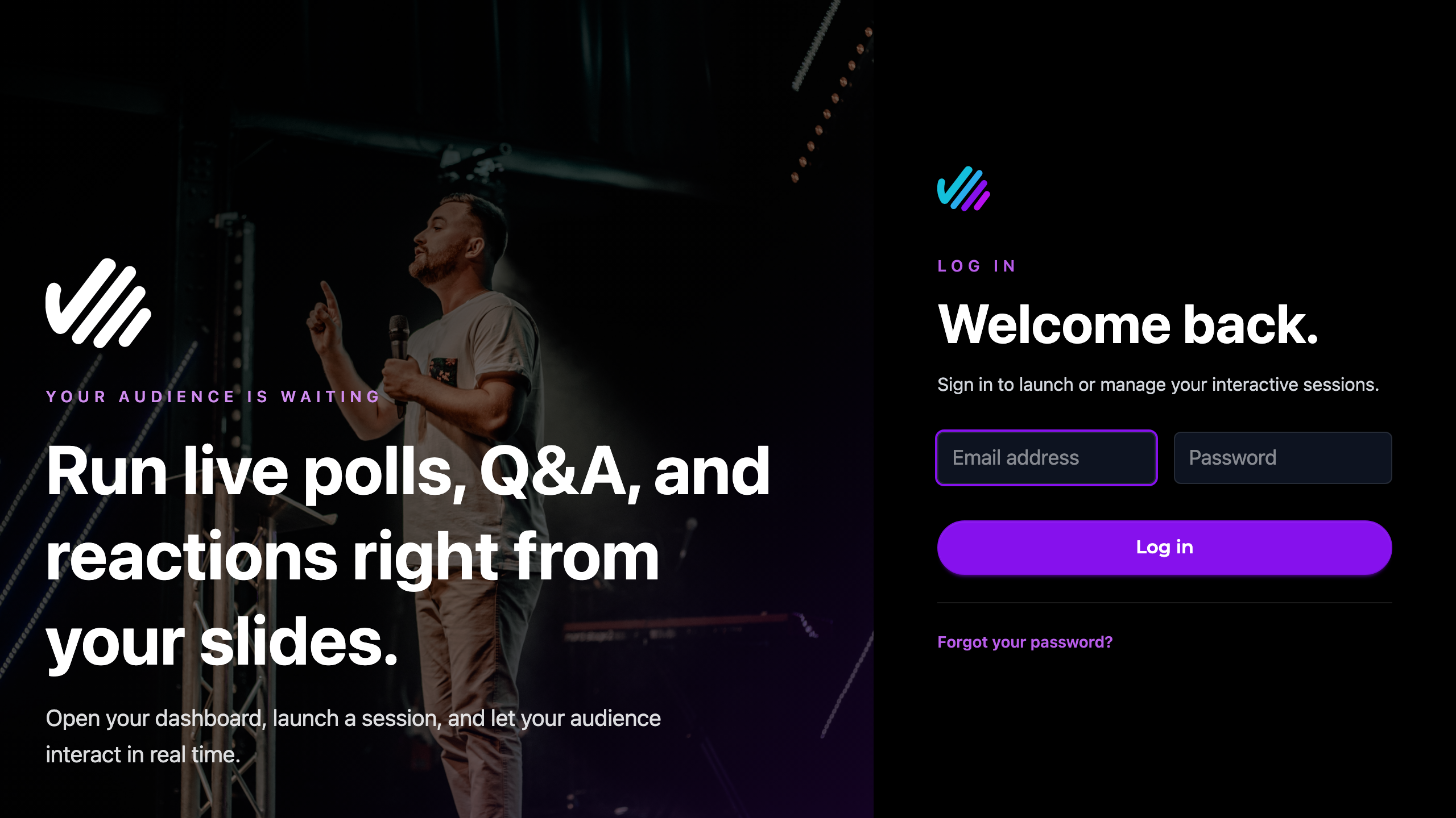The Claper sign in page, with the product introduction alongside a Welcome back panel asking for an email address and password