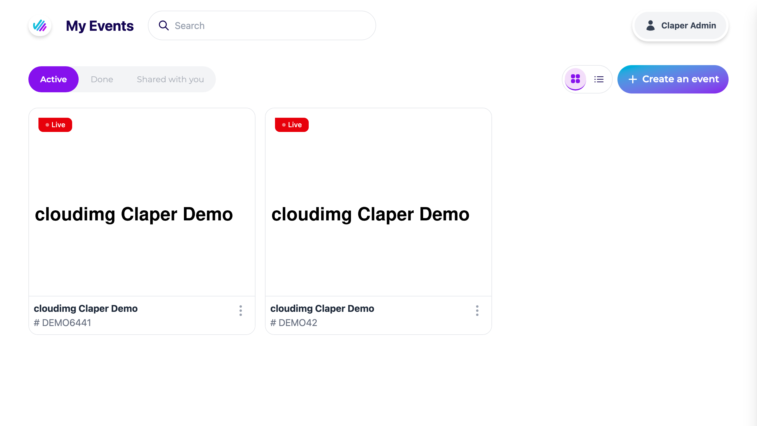 The Claper My Events dashboard, signed in as the per instance administrator, with a Create an event button