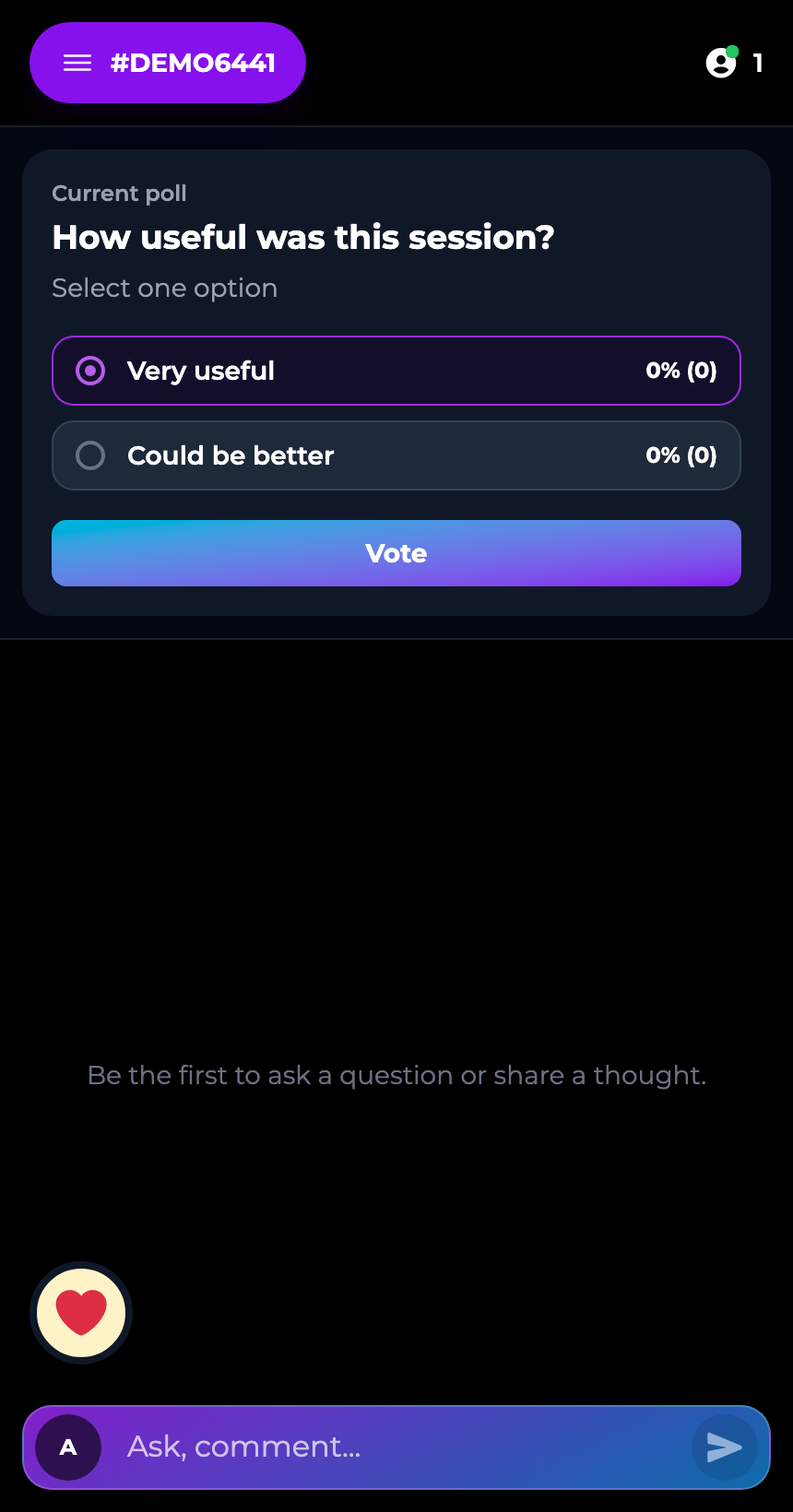 The attendee view on a phone, showing the live poll How useful was this session with its two options and a Vote button, alongside the message and reaction controls