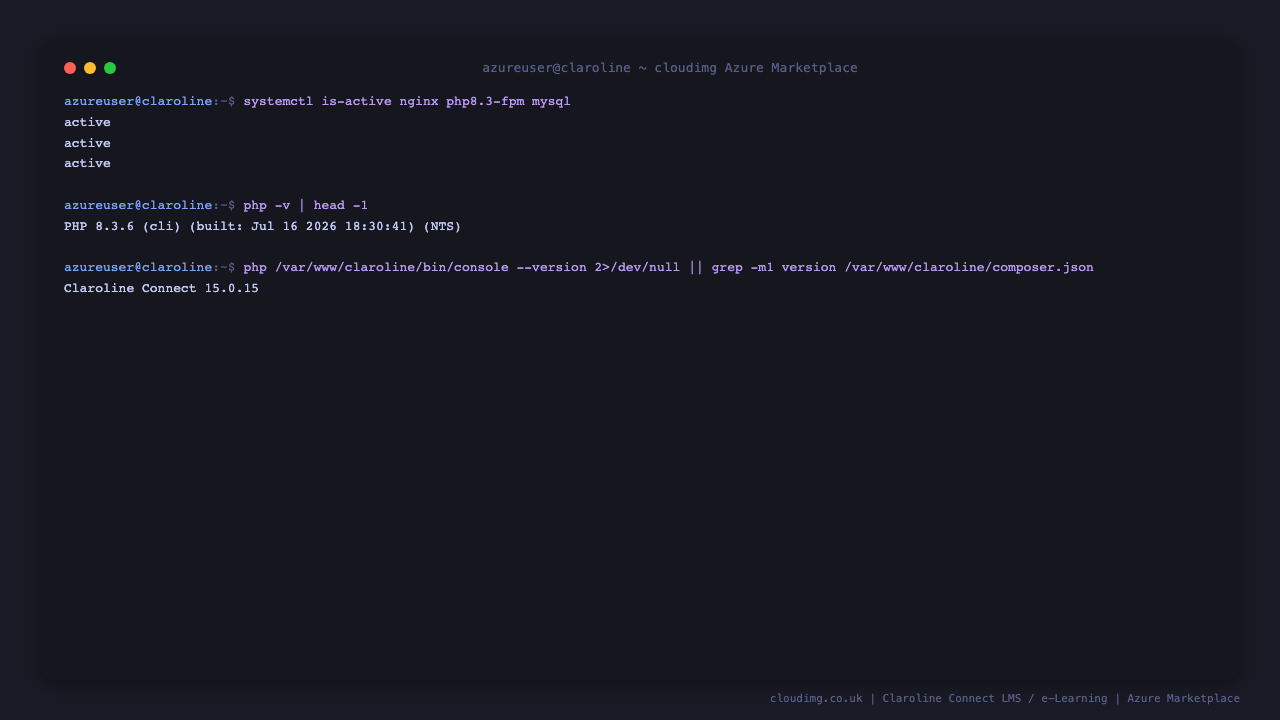 The nginx, php8.3-fpm and mysql services reporting active, the PHP 8.3 version, and the installed Claroline Connect version 15.0.15