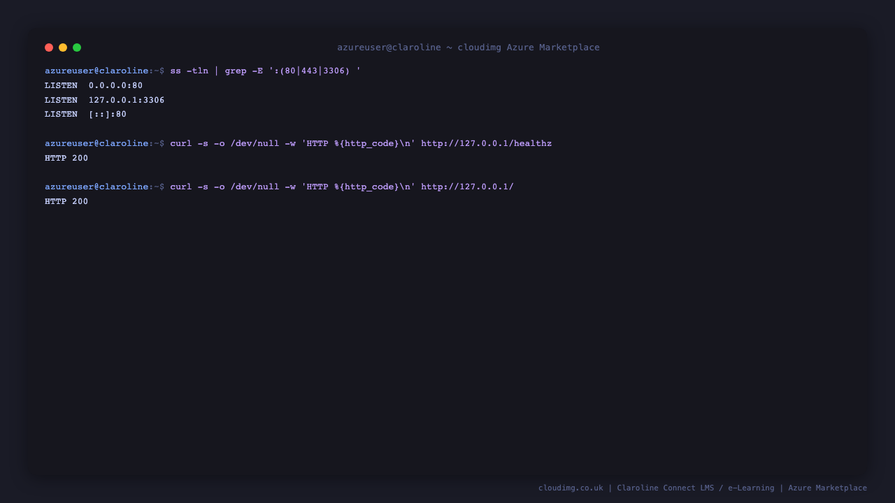 ss showing MySQL listening on loopback 127.0.0.1:3306 only and nginx on port 80, and the healthz endpoint returning 200