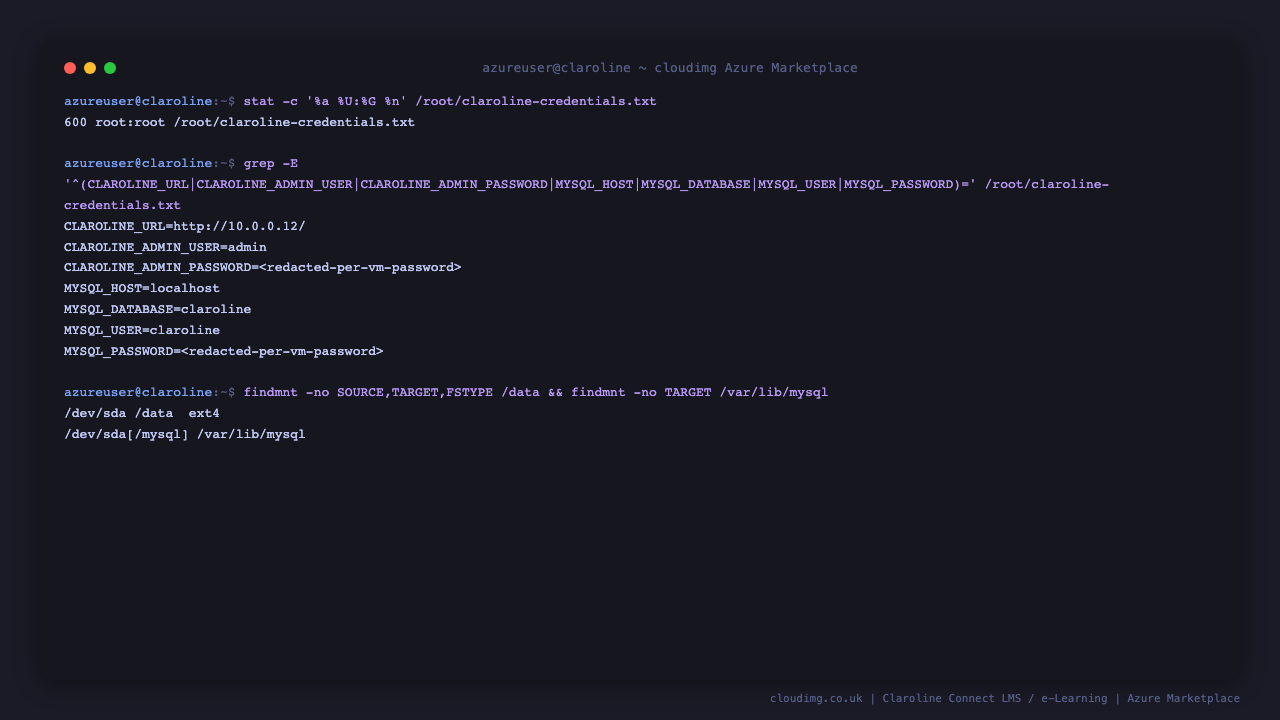 The claroline-credentials.txt file with 0600 root permissions showing the per VM administrator username and the MySQL database coordinates, with the passwords generated uniquely for this VM