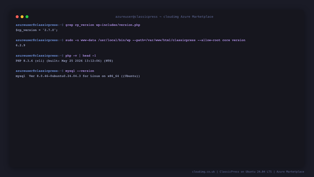 ClassicPress 2.7.0 version string, WP-CLI core version, PHP 8.3, and MySQL 8.0