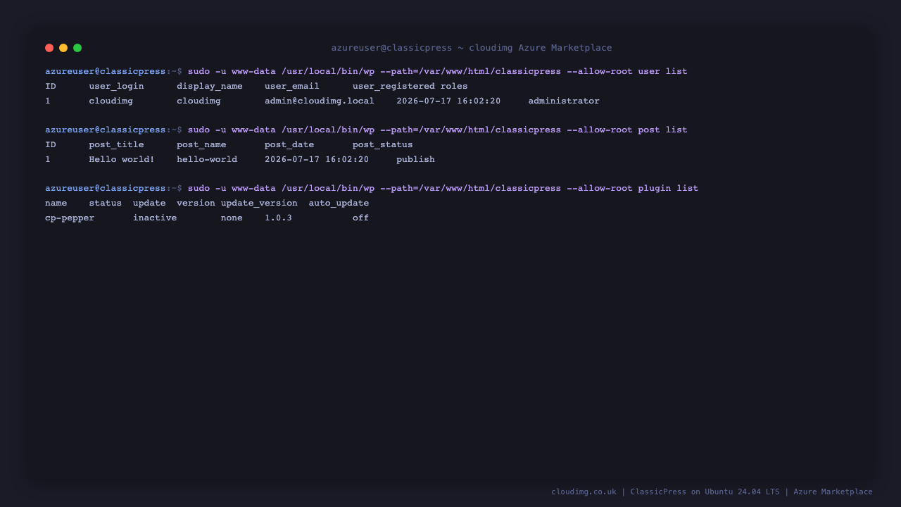 WP-CLI listing the cloudimg administrator, the first post, and the bundled plugin