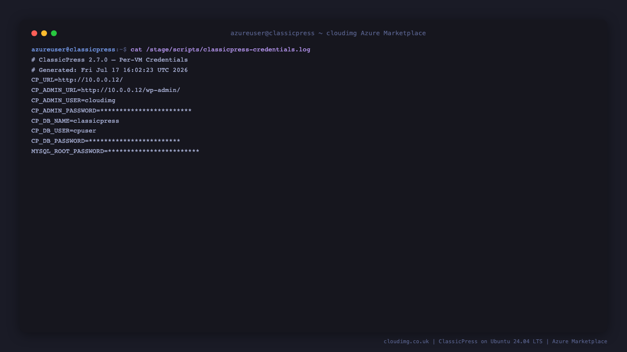 The per VM credentials file with the administrator user and rotated passwords