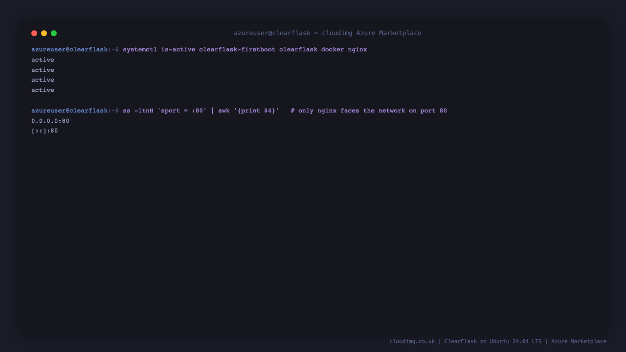 The clearflask-firstboot, clearflask, docker and nginx services all active, and the nginx reverse proxy listening on port 80