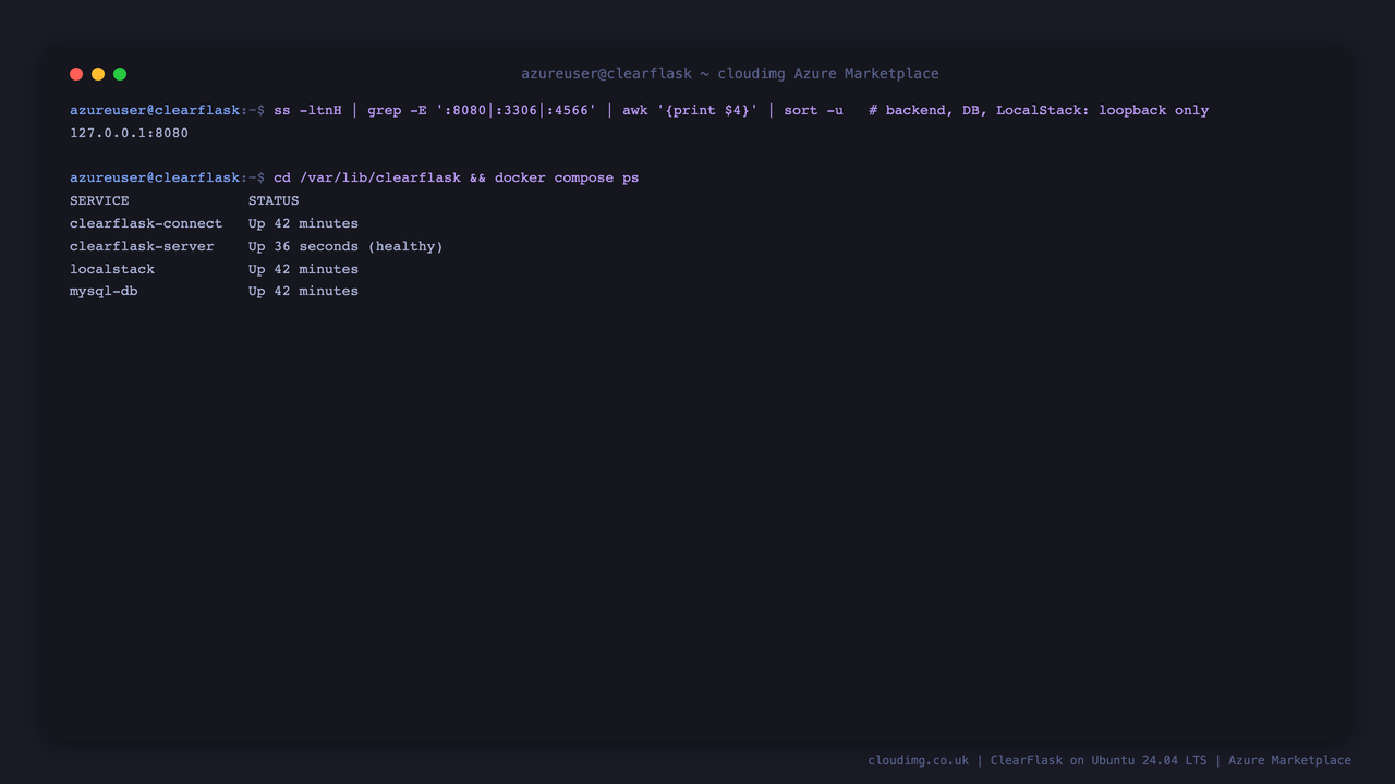 The internal ClearFlask service ports 8080, 3306 and 4566 bound to 127.0.0.1 only, and the docker compose stack showing the connect, server, MariaDB and LocalStack containers running