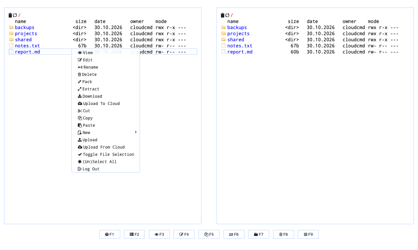 The Cloud Commander menu with view, edit, rename, delete, pack, extract, download, copy, paste, upload and log out