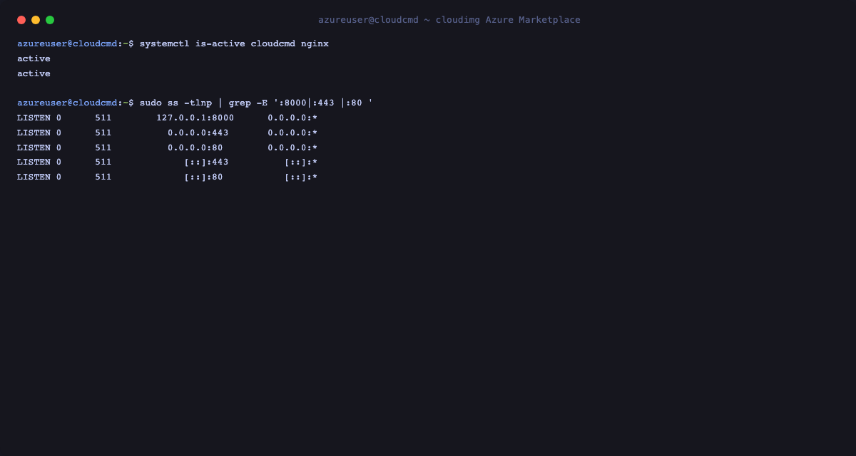 systemctl reports cloudcmd and nginx both active, and ss shows cloudcmd bound to 127.0.0.1:8000 loopback only with nginx listening on 0.0.0.0:80 and 0.0.0.0:443