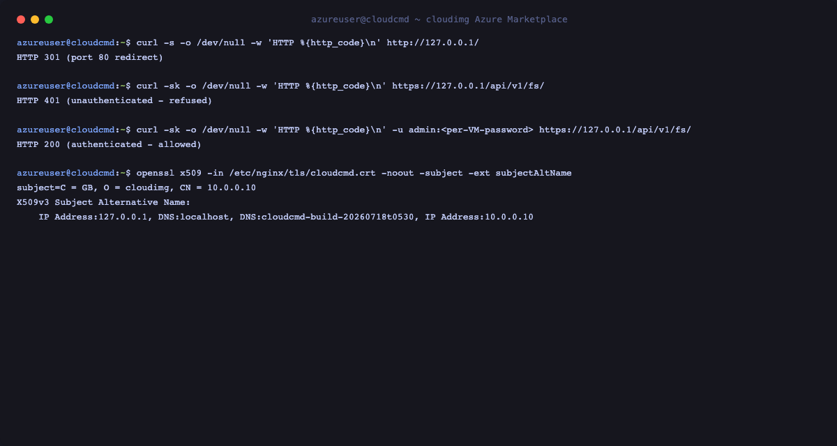 curl shows port 80 returning a 301 redirect, the file API returning 401 without credentials and 200 with the per VM credential, and openssl printing the per VM self signed certificate subject and Subject Alternative Names