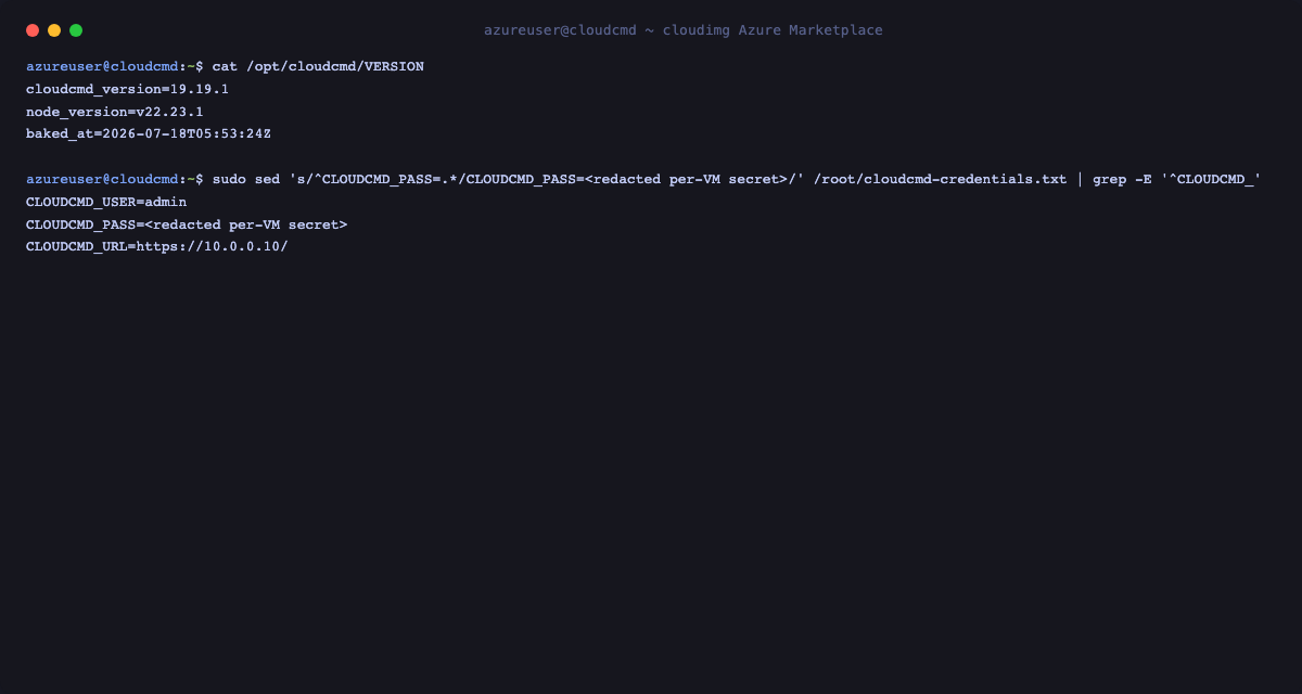 The /opt/cloudcmd/VERSION file showing the baked Cloud Commander and Node.js versions, and the per VM cloudcmd-credentials.txt showing the admin username and URL with the password redacted