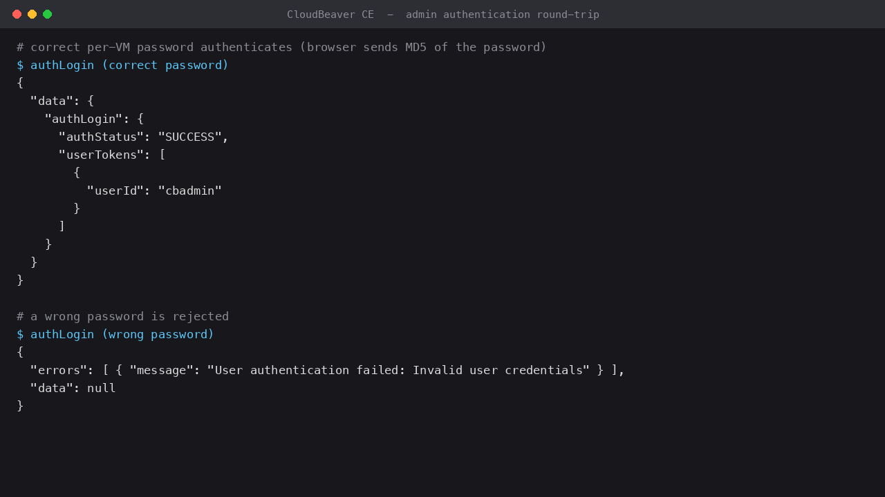 The admin authentication round trip: the correct per-VM password returns authStatus SUCCESS with the cbadmin user token, and a wrong password is rejected as invalid credentials