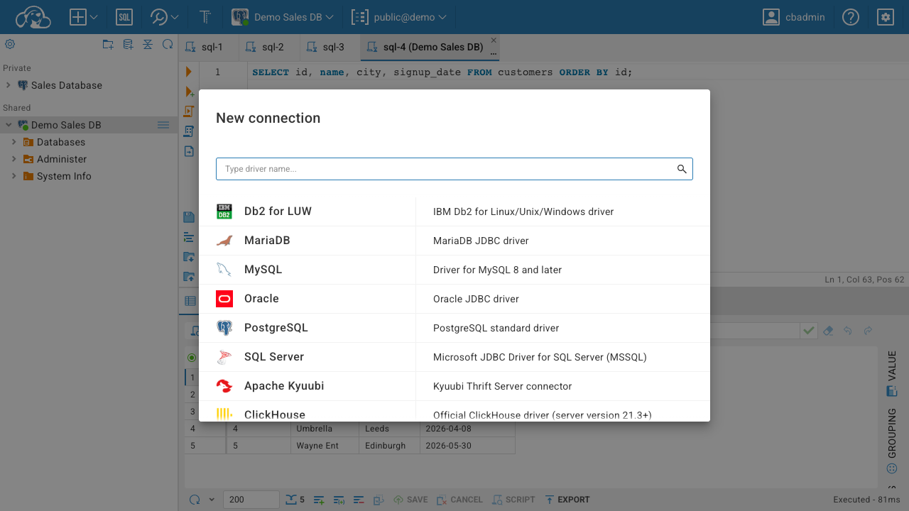 The CloudBeaver New connection dialog listing the bundled database drivers: PostgreSQL, MySQL, MariaDB, Oracle, SQL Server and more