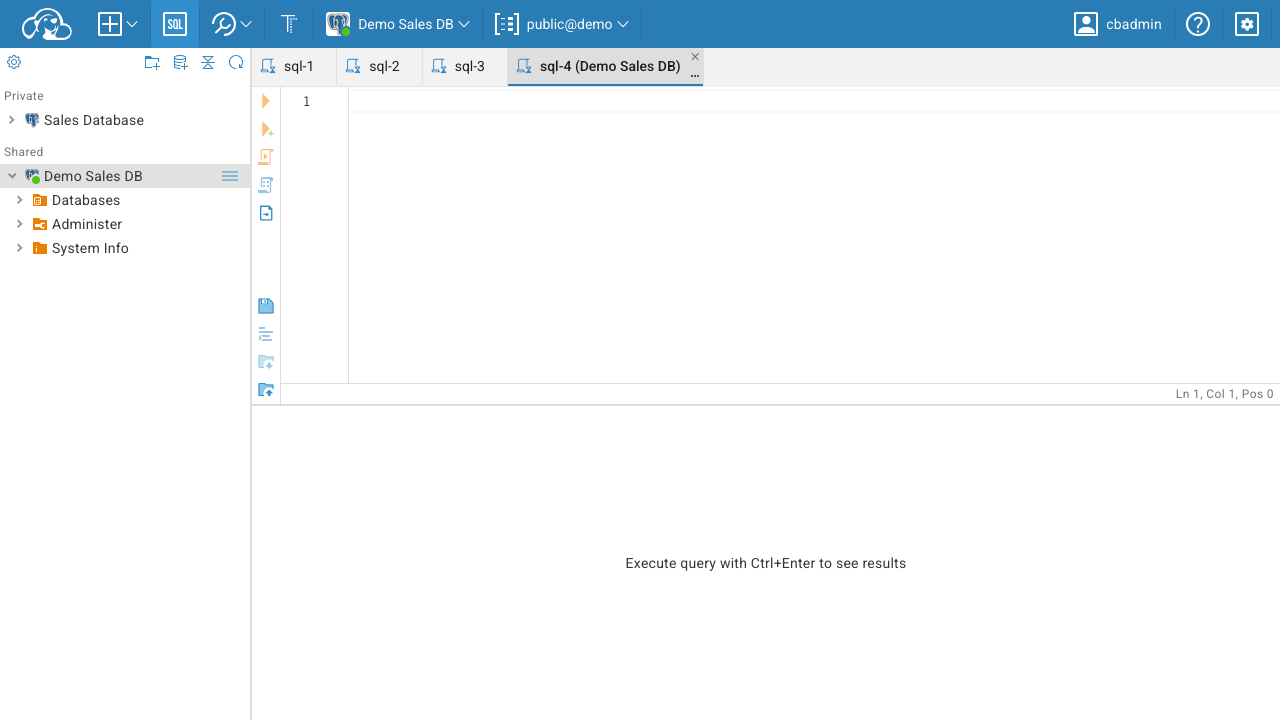 The CloudBeaver database navigator with a PostgreSQL connection expanded, showing the databases, administer and system info nodes