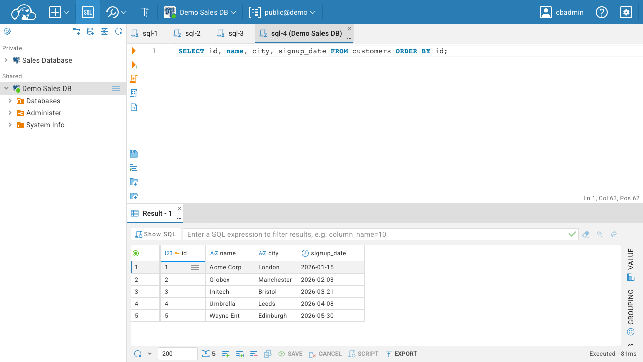 The CloudBeaver SQL editor running a SELECT against a PostgreSQL table with the result grid showing the returned rows and the execution time