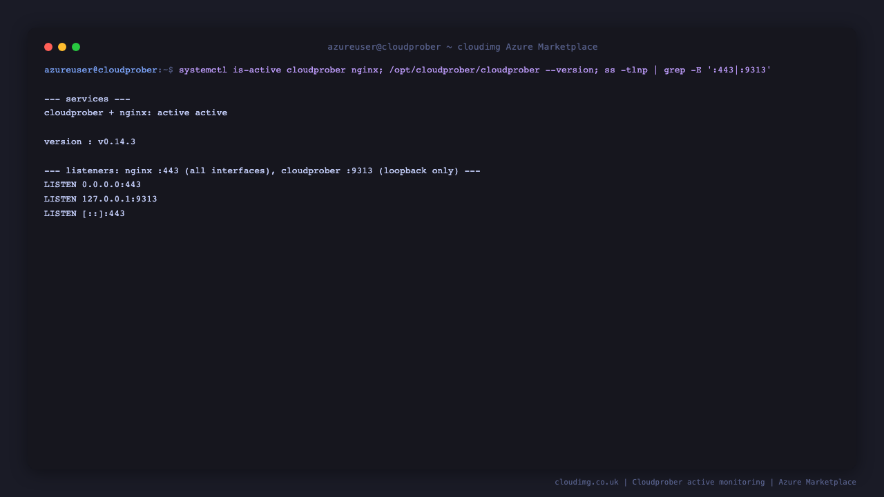cloudprober.service and nginx.service both report active, the cloudprober binary reports version v0.14.3, and ss shows nginx listening on port 443 on all interfaces while the Cloudprober web surface is bound to loopback 127.0.0.1 on port 9313 only