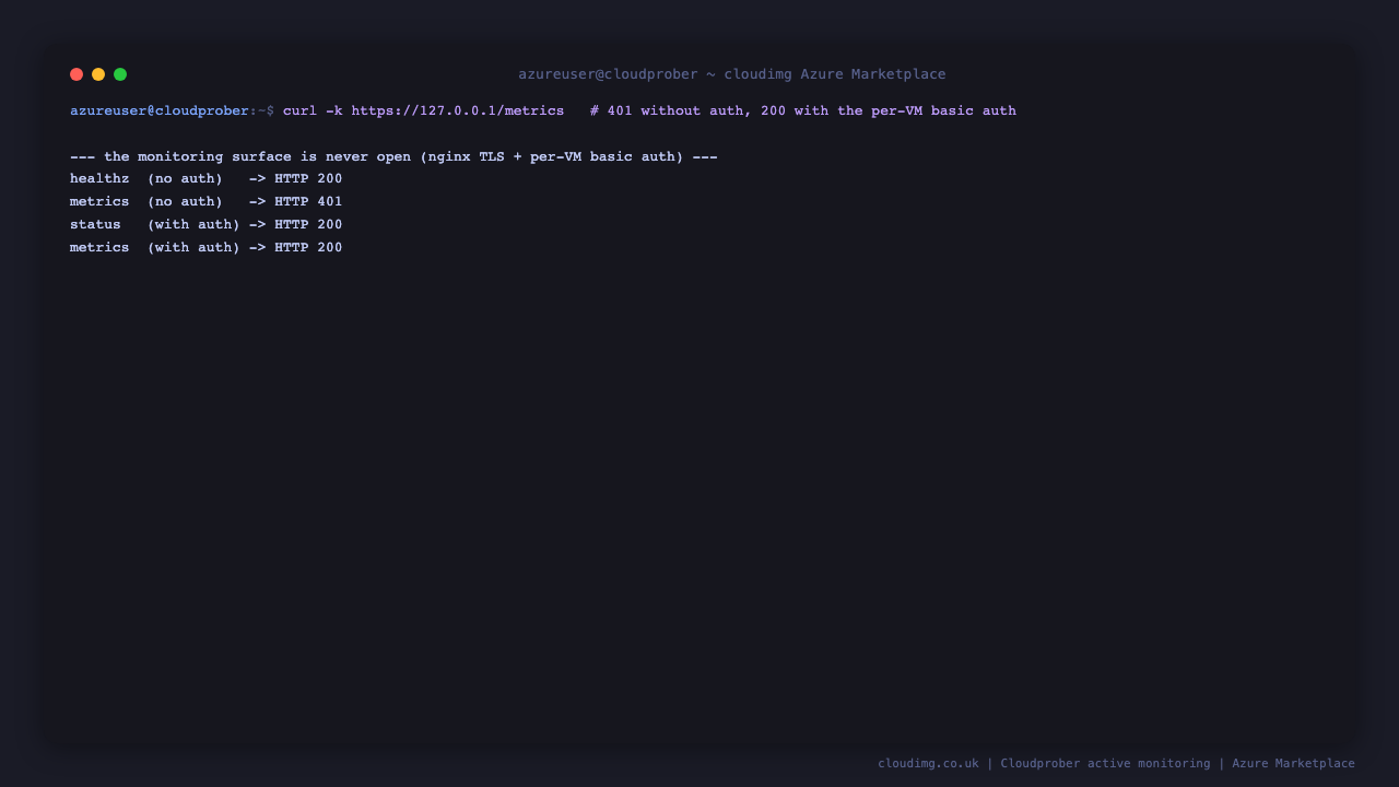 the monitoring surface returns HTTP 200 for the unauthenticated healthz probe, HTTP 401 for an unauthenticated metrics request, and HTTP 200 for the status page when the per instance basic auth credentials are supplied, proving Cloudprober is never exposed unauthenticated