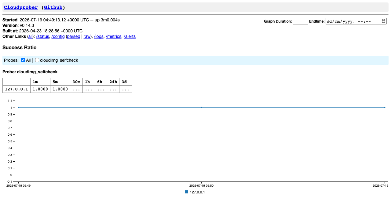 the Cloudprober status page rendered in a browser over HTTPS, showing the cloudimg_selfcheck HTTP probe with its target, recent probe results and success and latency, the built in operational view of every configured probe