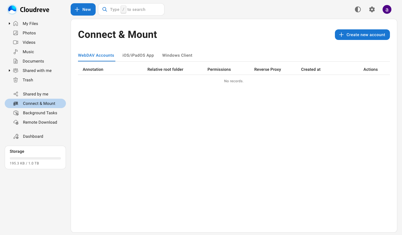 Connect & Mount, where WebDAV accounts are created