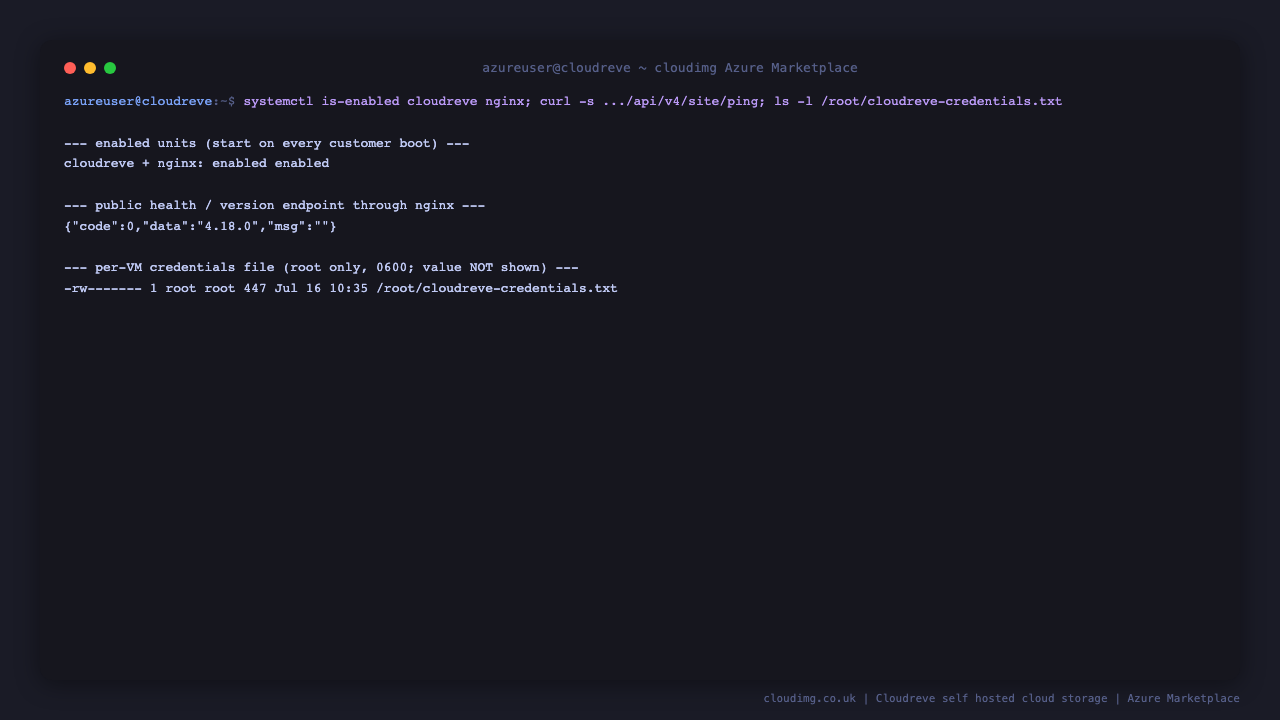 The enabled cloudreve and nginx units, the site ping endpoint returning version 4.18.0, and the root only 0600 credentials file