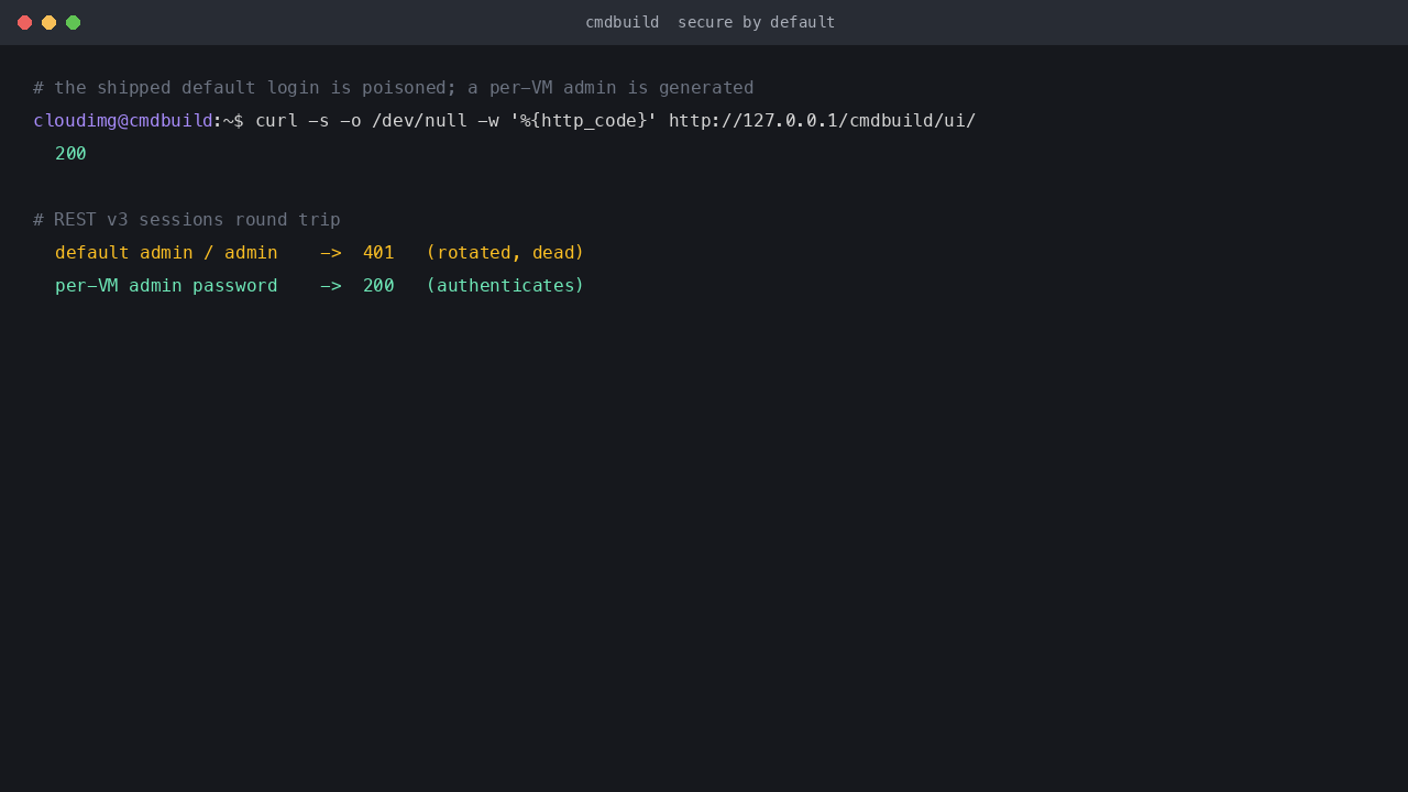 CMDBuild REST v3 sessions round trip: default login rejected, per-VM login accepted