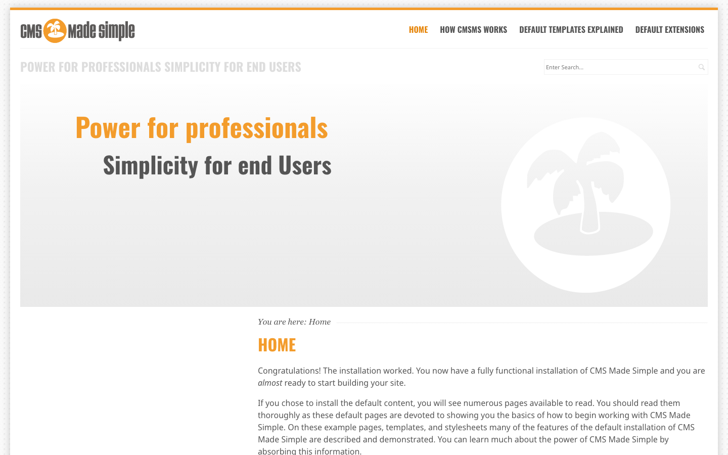 The CMS Made Simple sample site home page rendered with the Simplex design
