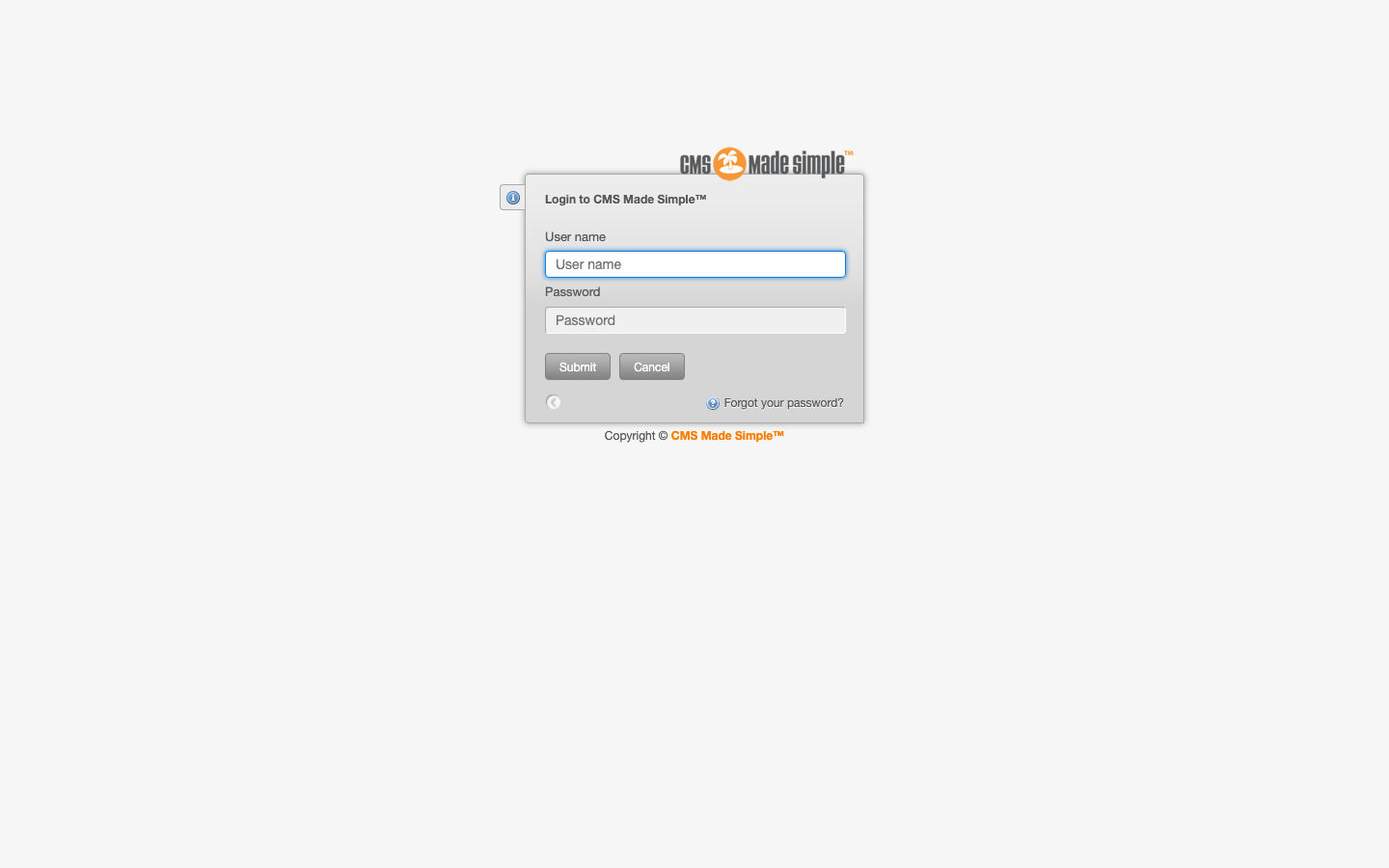 The CMS Made Simple admin console sign in page