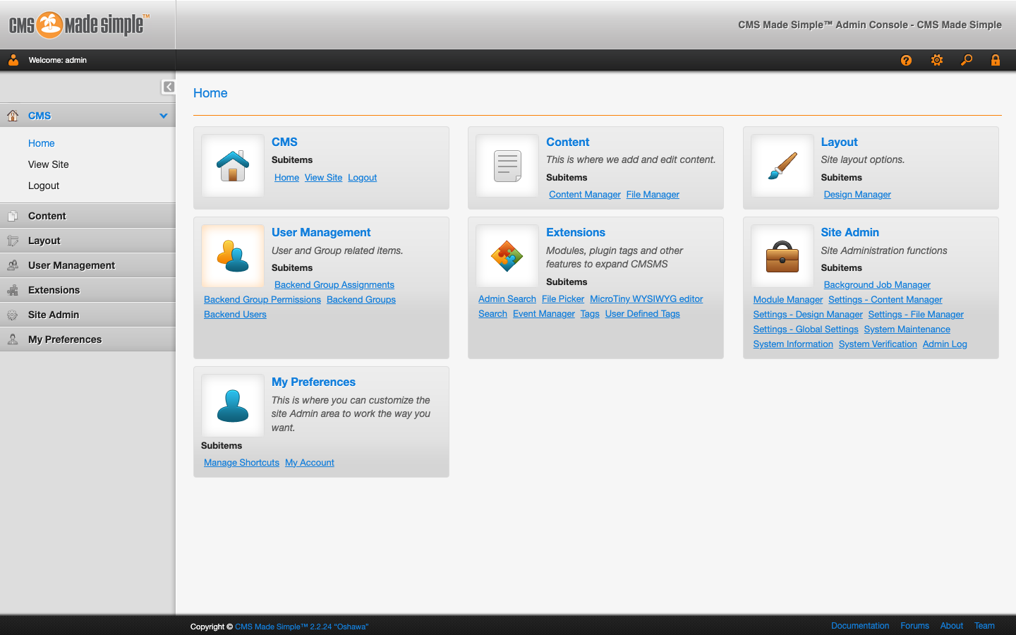 The CMS Made Simple admin console dashboard after signing in as admin