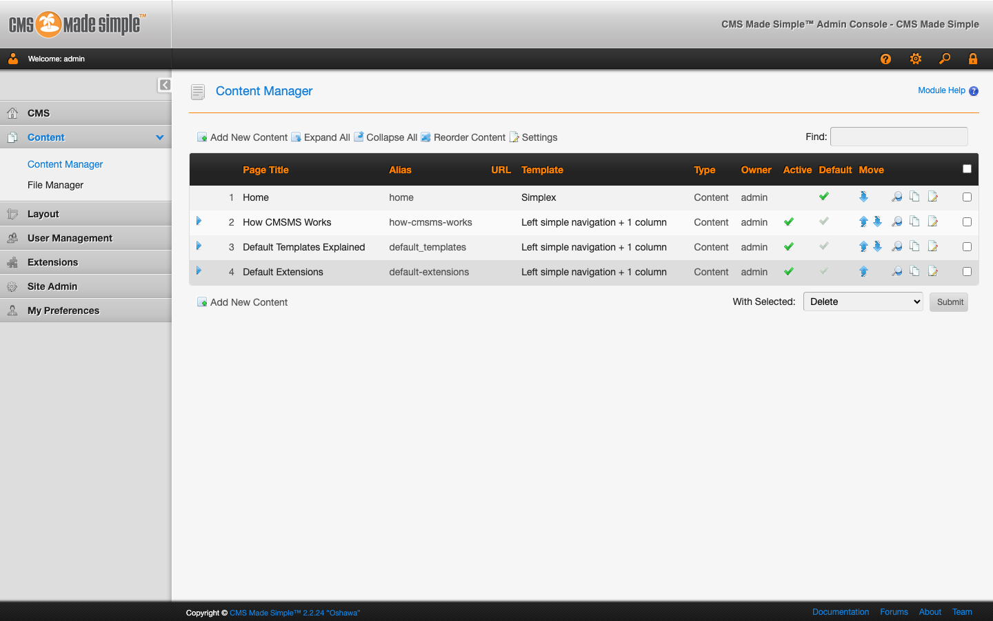 The CMS Made Simple Content Manager with the sample site's page tree