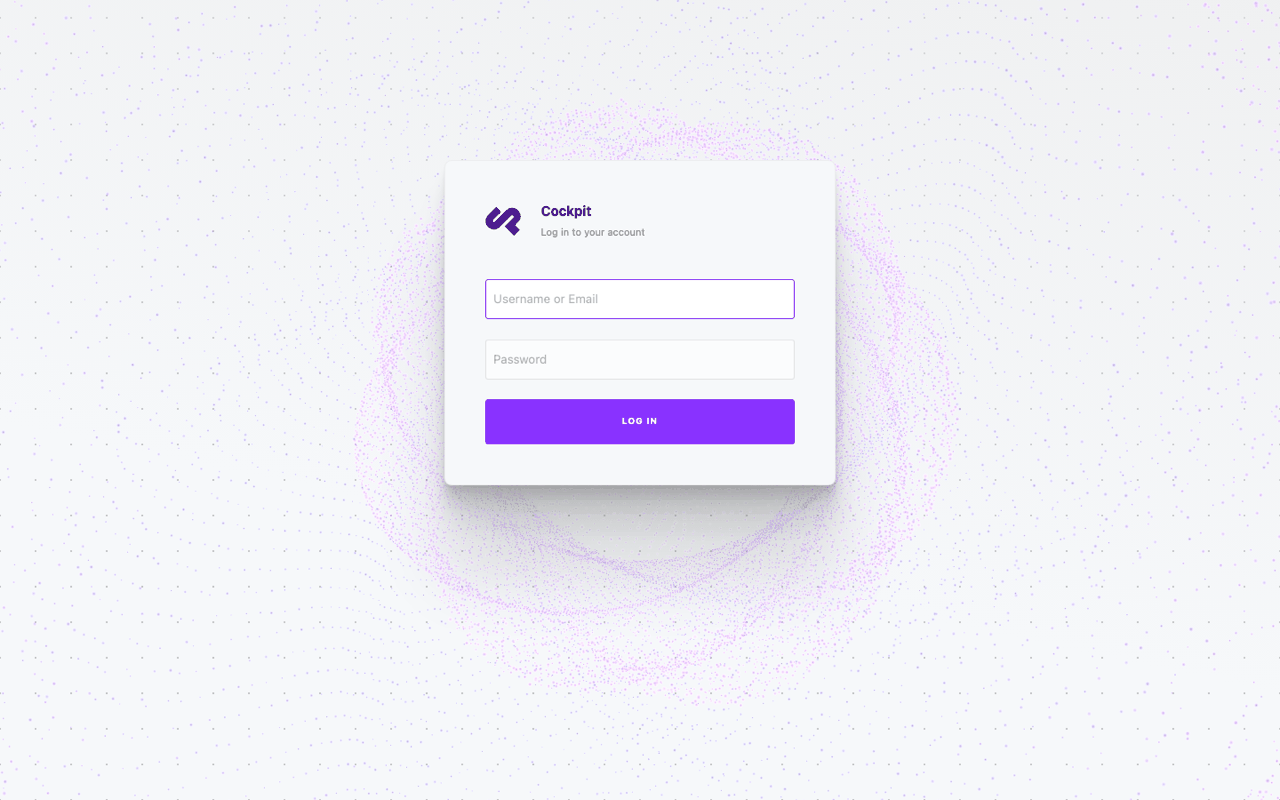 The Cockpit sign in page with the Username or Email and Password fields and the Login button