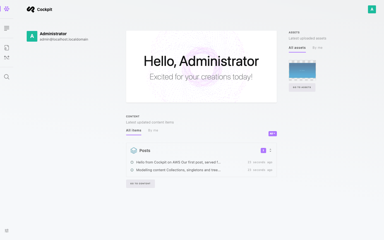 The Cockpit dashboard after signing in as admin, greeting the Administrator with the latest content items and assets