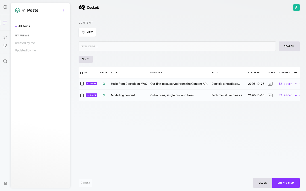 The items of the Posts collection with their state, title, summary, body and published date, and the Create item button