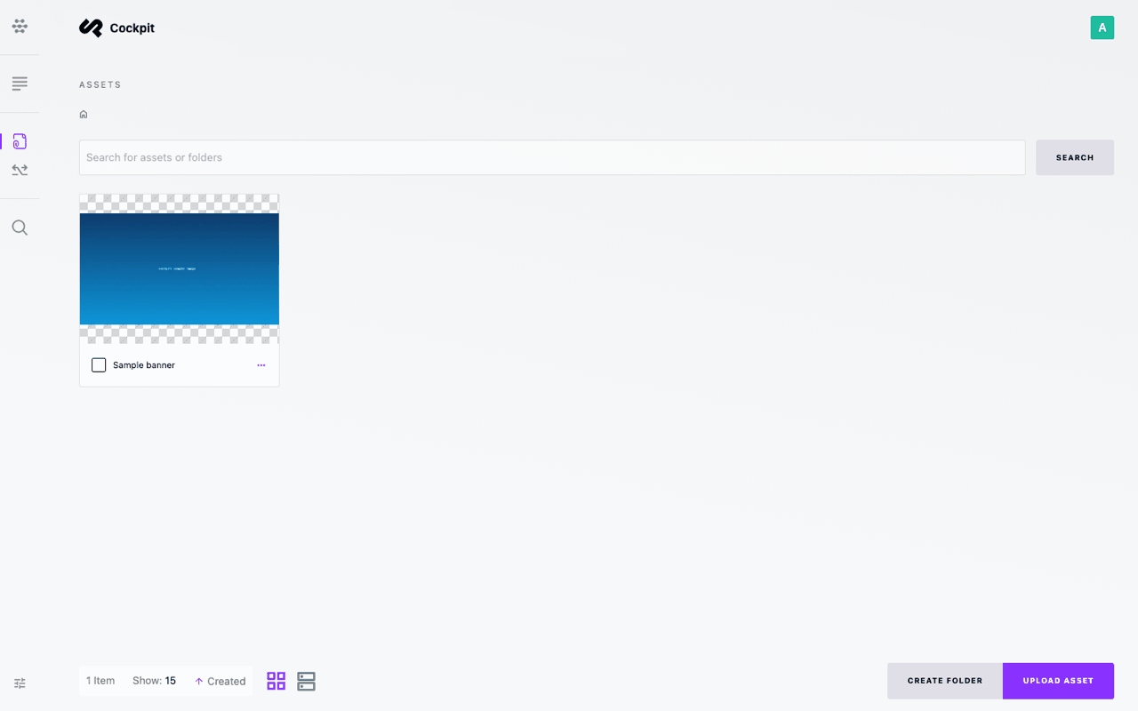 The Cockpit Assets manager with an uploaded image, the Create folder and Upload asset buttons