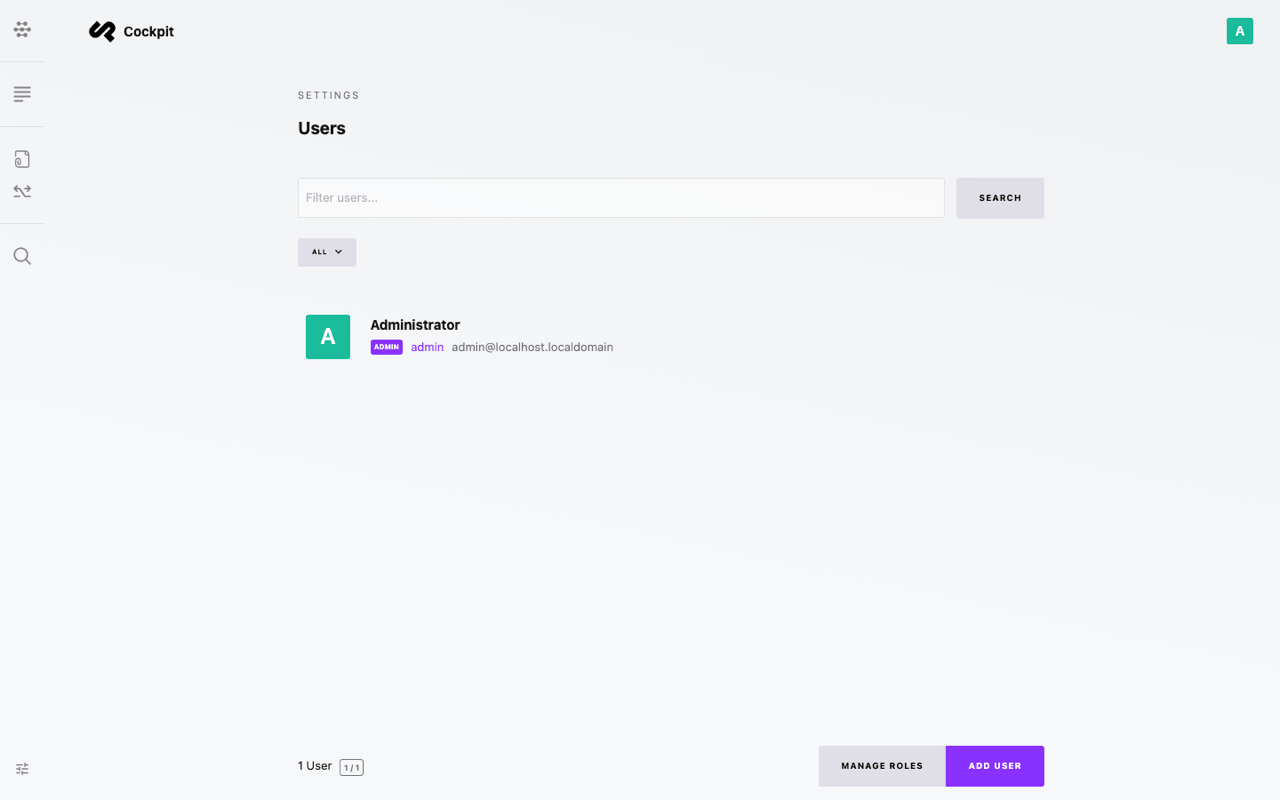 The Cockpit Users settings listing the Administrator (admin, admin@localhost.localdomain) with the Manage roles and Add user buttons