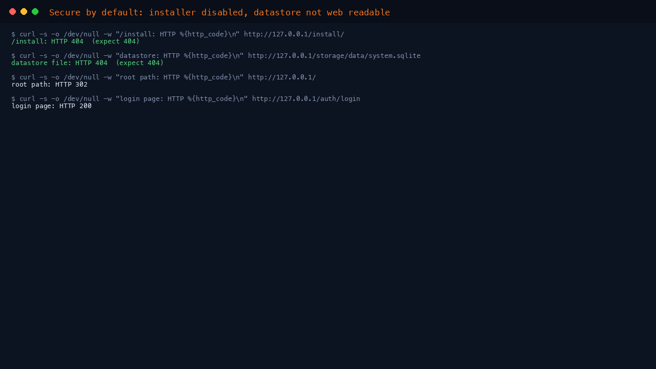 The Cockpit installer and raw datastore paths both returning HTTP 404, confirming the secure by default posture