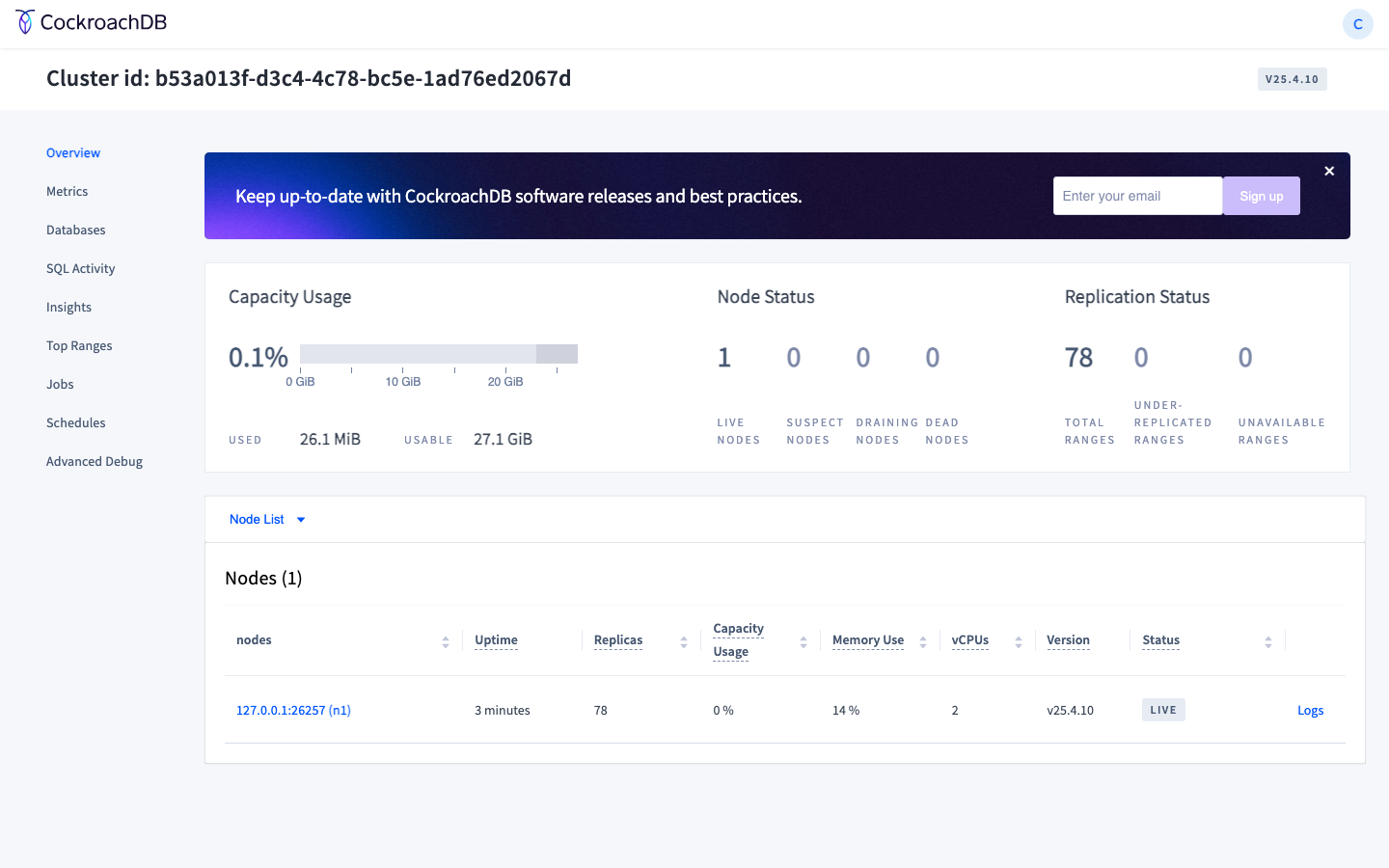 CockroachDB DB Console cluster overview