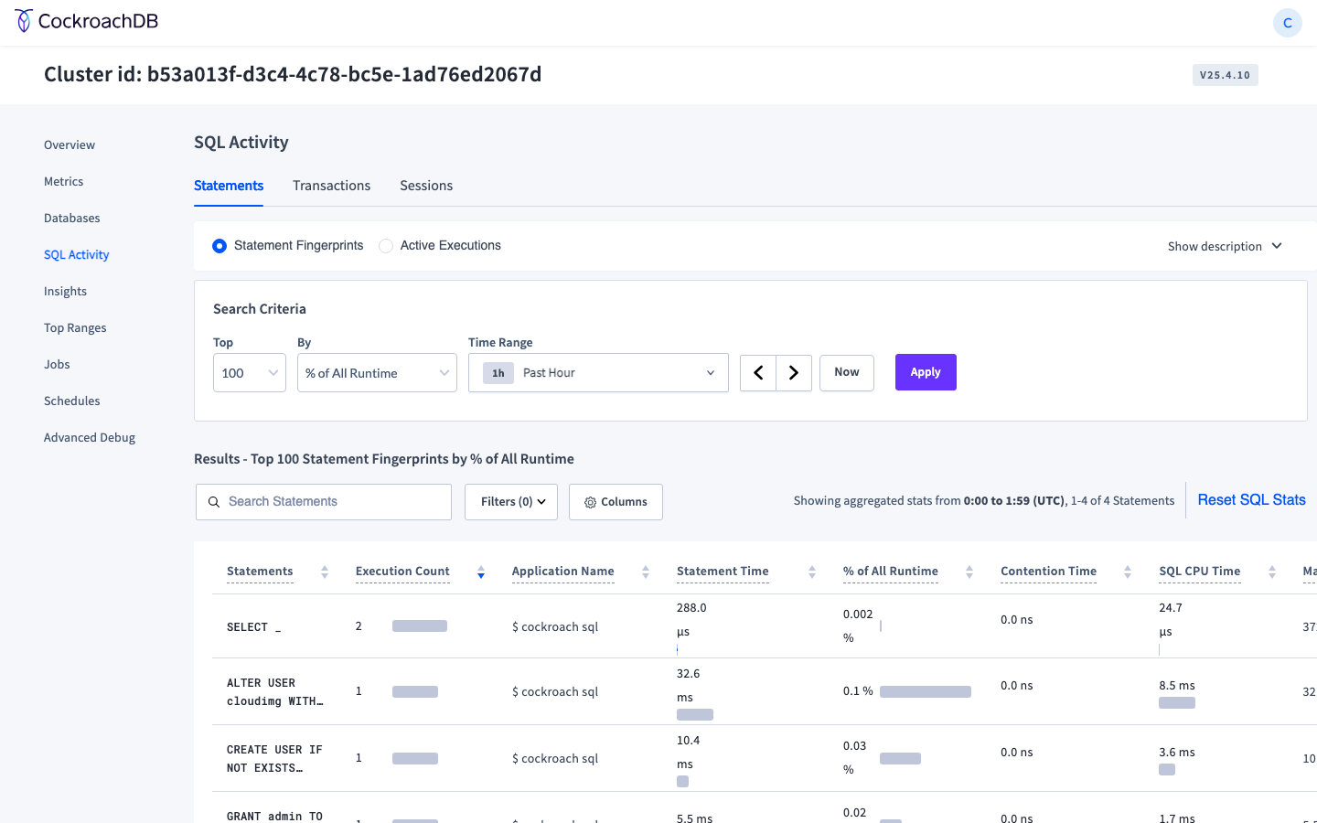 CockroachDB DB Console SQL Activity
