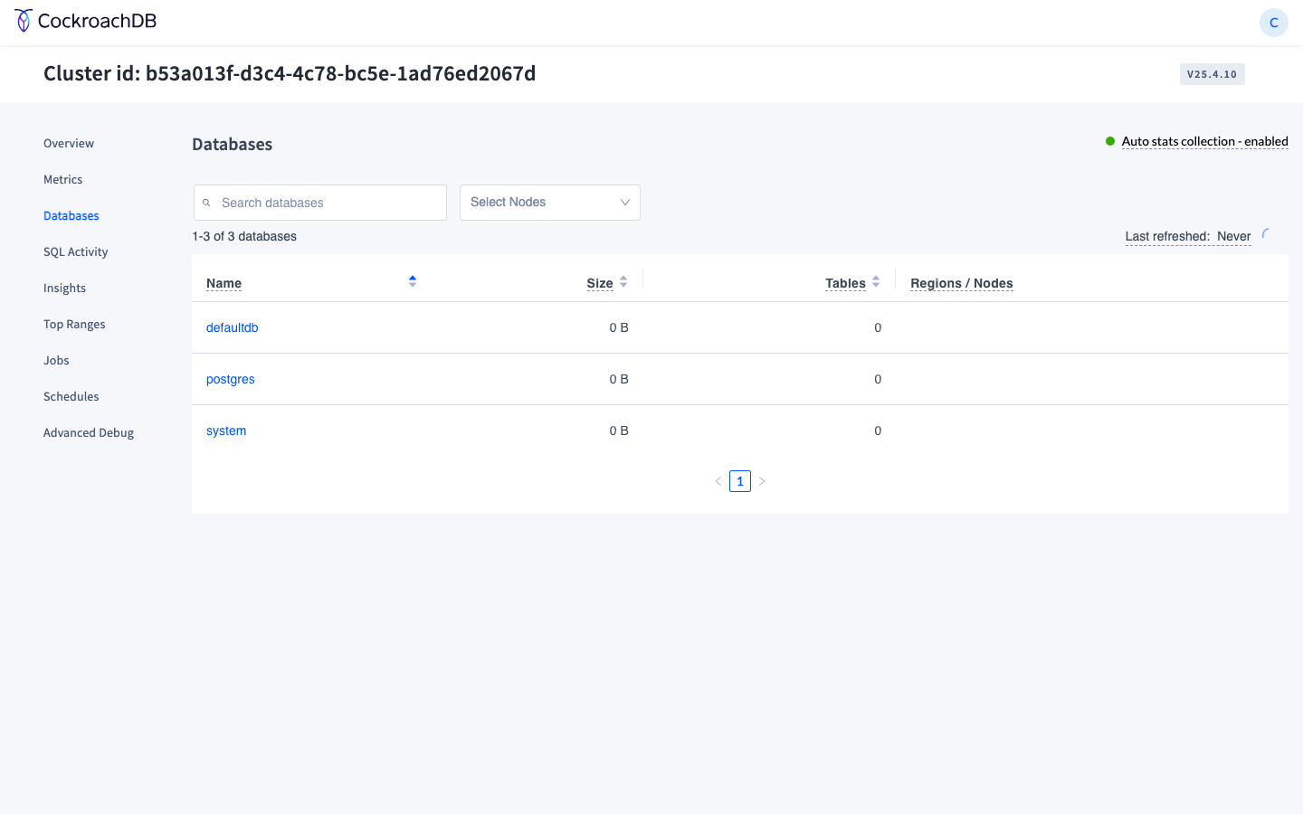 CockroachDB DB Console Databases page